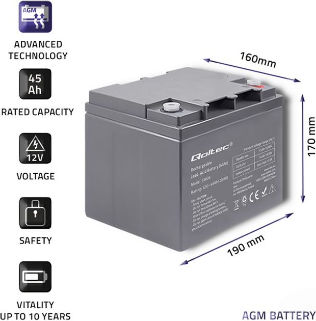 Акумуляторна батарея Qoltec AGM 12V 45Ah max 540A 53035 (5901878530352) - зображення 4