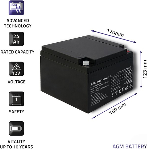Akumulator Qoltec AGM 12V 24Ah max 360A (5901878530369) - obraz 4