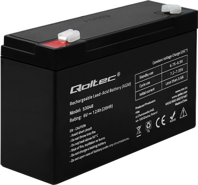 Akumulator Qoltec AGM 6V 12Ah max. 108A 53048 (5901878530482) - obraz 1