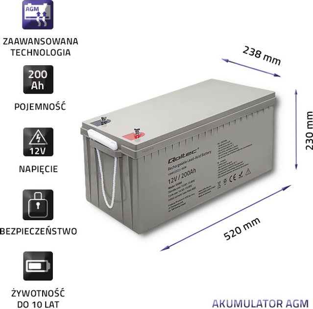 Akumulator Qoltec AGM 12V 200Ah max. 3000A 54.1kg 53069 (5901878530697) - obraz 6