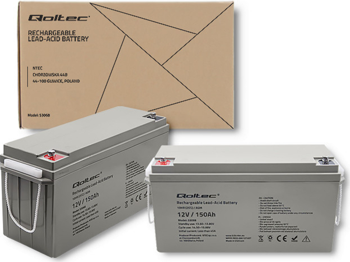 Акумуляторна батарея Qoltec AGM 12V 150Ah max. 2250A 40.1kg 53068 (5901878530680) - зображення 7