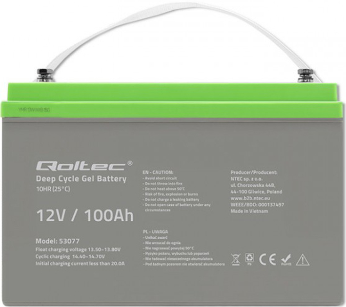 Akumulator Qoltec żelowy Deep Cycle 12V 100Ah 30.5kg 53077 (5901878530772) - obraz 2