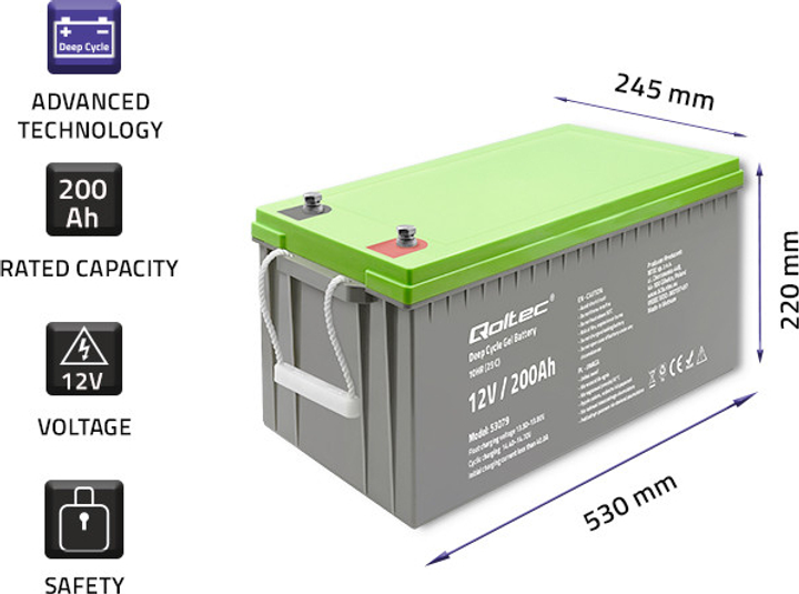 Акумуляторна батарея Qoltec żelowy Deep Cycle 12V 200Ah 62.5kg 53079 (5901878530796) - зображення 4