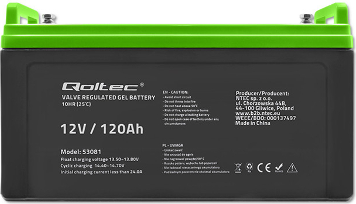 Акумуляторна батарея Qoltec żelowy 12V 120Ah GEL 34.8kg 53081 (5901878530819) - зображення 2