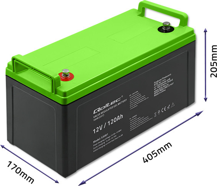 Акумуляторна батарея Qoltec żelowy 12V 120Ah GEL 34.8kg 53081 (5901878530819) - зображення 5