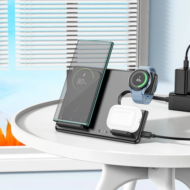 Бездротова зарядка Qi 3в1 HOCO CQ2 Flash folding QI |27W Max| Док-станція для iPhone + iWatch + Airpods Black - зображення 7