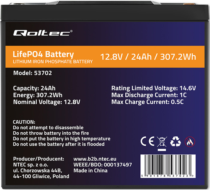 Акумуляторна батарея Qoltec LiFePO4 Літій-залізо-фосфатний 12.8V 24Ah 307.2Wh BMS 53702 (5901878537023) - зображення 3