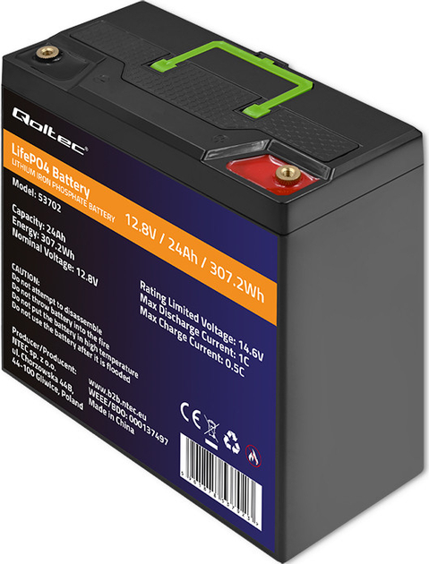 Акумуляторна батарея Qoltec LiFePO4 Літій-залізо-фосфатний 12.8V 24Ah 307.2Wh BMS 53702 (5901878537023) - зображення 5