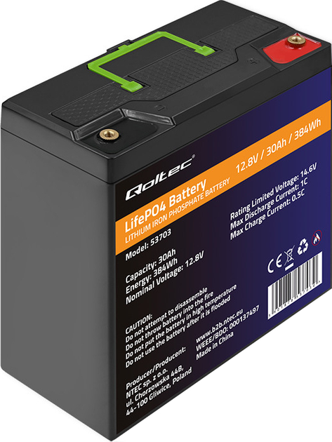 Акумуляторна батарея Qoltec LiFePO4 Літій-залізо-фосфатний 12.8V 30Ah 384Wh BMS 53703 (5901878537030) - зображення 1