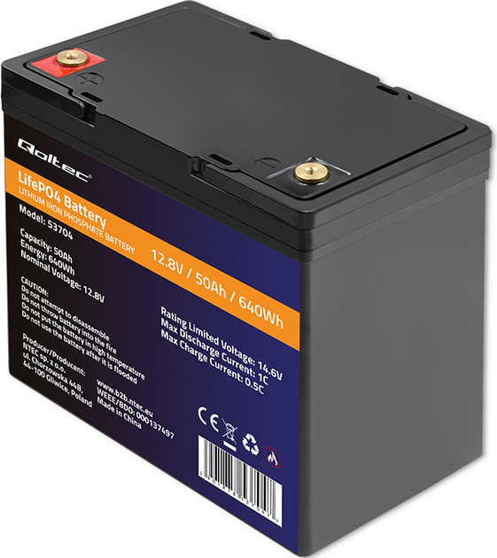 Акумуляторна батарея Qoltec LiFePO4 Літій-залізо-фосфатний 12.8V 50Ah 640Wh BMS 53704 (5901878537047) - зображення 3
