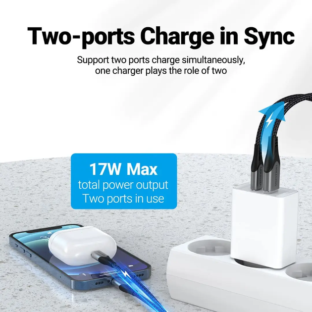 Мережевий зарядний пристрій Vention Two-Port USB(A+C) Wall Charger (18W/20W) EU-Plug White (FBBW0-EU) (FBBW0-EU) - изображение 5