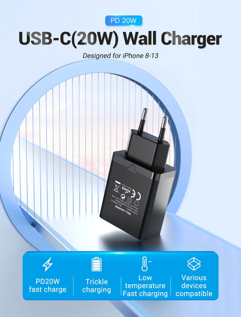 Мережевий зарядний пристрій Vention 1-port USB-C Wall Charger(20W) EU-Plug Black (FADB0-EU) (FADB0-EU) - Фото 7 Мережевий зарядний пристрій Vention 1-port USB-C Wall Charger(20W) EU-Plug Black (FADB0-EU) (FADB0-EU) - зображення 7