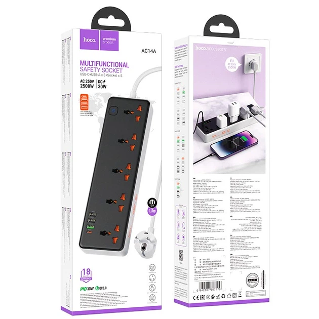 Удлинитель сетевой HOCO Rico 5-position socket AC14A |3USB/1Type-C, PD/QC, 3A/30W| - Фото 2 Удлинитель сетевой HOCO Rico 5-position socket AC14A |3USB/1Type-C, PD/QC, 3A/30W| - изображение 2