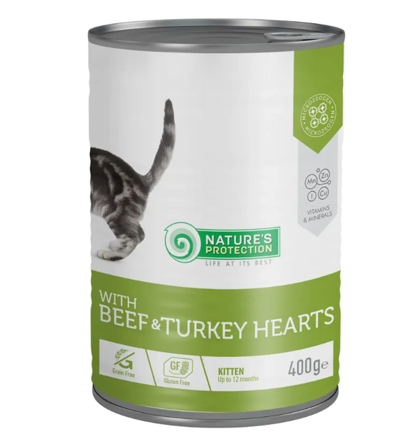 Влажный корм Nature's Protection Kitten with Beef & Turkey hearts с говядиной и сердцем индейки для котят, 400 г - Фото 1 Влажный корм Nature's Protection Kitten with Beef & Turkey hearts с говядиной и сердцем индейки для котят, 400 г - изображение 1