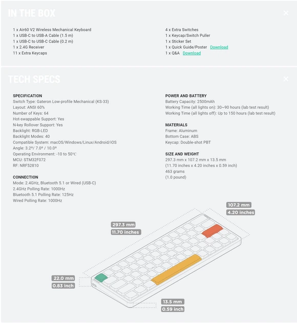 Беспроводная механическая клавиатура Nuphy Air60 V2/ Aloe switch (linear, 37g) / Color - Lunar Gray / Hot-Swappable, RGB, ANSI US - изображение 9