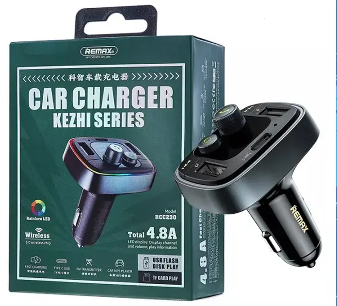 Автомобільний зарядний пристрій плюс FM ресівер REMAX RCC-230 Kezhi 2USB 28W 4.8A темно-сірий - зображення 2