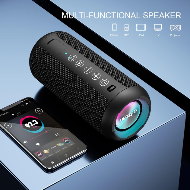 Bluetooth колонка Ortizan з кольоровим світлодіодним підсвічуванням, захистом від води IPX7 та об'ємним звуком на 360° - изображение 7