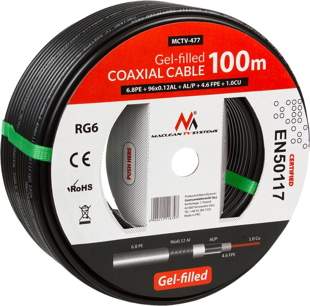 Kabel koncentryczny Maclean RG6 100 m Black (5902211116707) - obraz 1