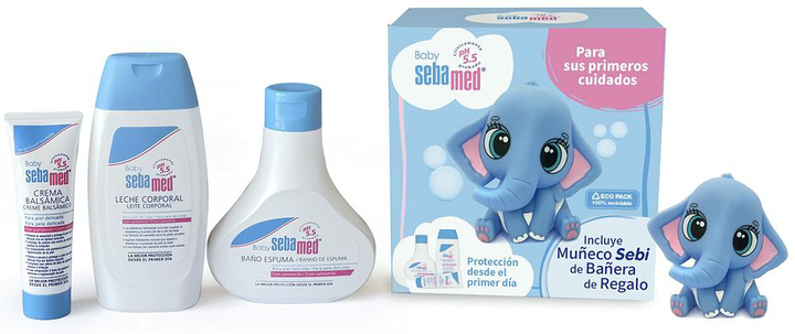 Zestaw Sebamed Bib Layette Pieniący żel do kąpieli 200 ml + Mleko do ciała 200 ml + Balsam-krem 50 ml + Lalka (8425091121878) - obraz 1