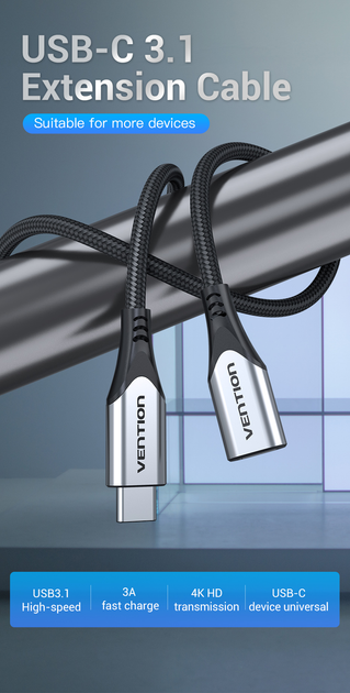 Кабель Vention 1м Type-C USB 3.1 Удлинитель 5 Гбит/с 60W (3A/20V) 4K ...