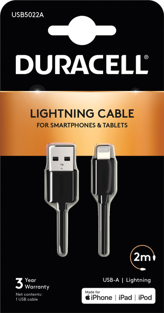 Kabel Duracell USB Type-A to Lightning C89 3 A 2 m Black (USB5022A) - obraz 1