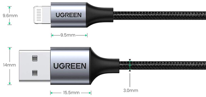 Kabel Ugreen US199 USB 2.0 to Lightning 2.4 A 2 m pleciony Black (6957303861583) - obraz 2