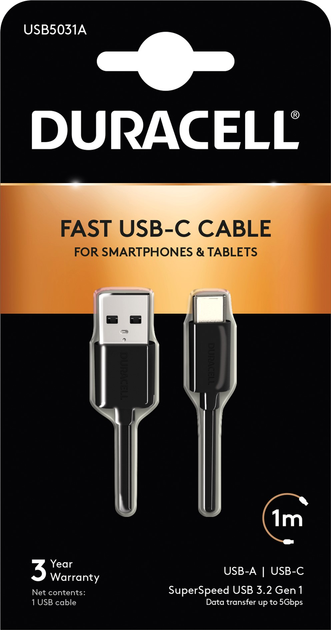 Kabel Duracell USB Type-C to USB 3.0 3 A 1 m Black (USB5031A) - obraz 1
