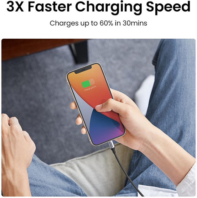Kabel Ugreen US304 USB Type-C Male to Lightning Male Cable Aluminum Shell Braided 3 A 1.5 m Black (6957303867608) - obraz 7
