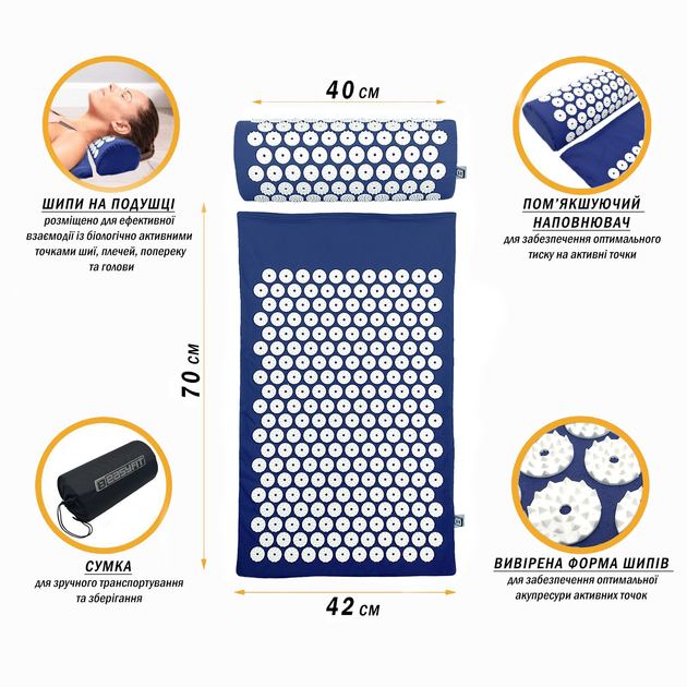 Масажний килимок Easyfit з подушкою Синій з білим (мат акупунктурний ...