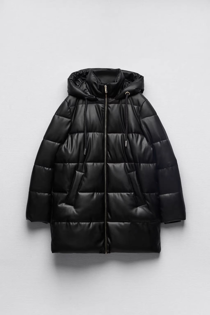 Женская зимняя куртка ZARA S размер полномерный кожзам чорный цвет ...