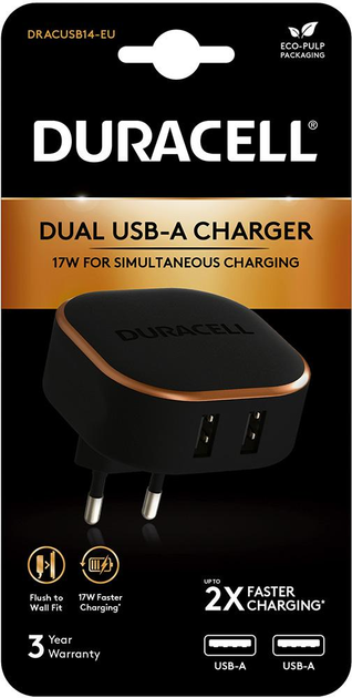 Ładowarka sieciowa Duracell 17 W 2 x USB Type-A Black-Copper (DRACUSB14-EU) - obraz 1