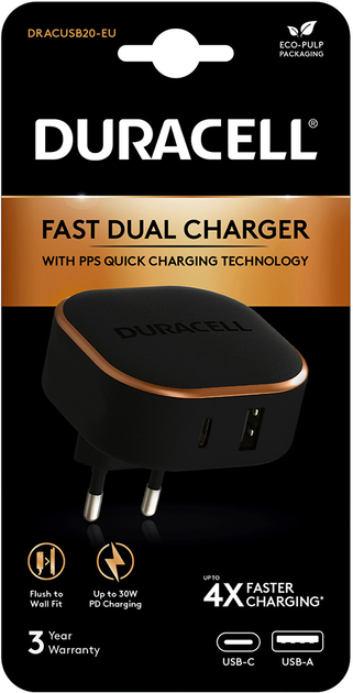 Мережевий зарядний пристрій Duracell PD 30 Вт USB-С/PPS 18 Вт USB Type-А Black-Copper (DRACUSB20-EU) - зображення 1