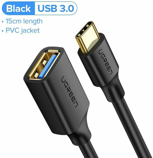 Adapter Ugreen US154 USB Type-C - USB 3.0 OTG 10 cm Black (6957303837014) - obraz 4
