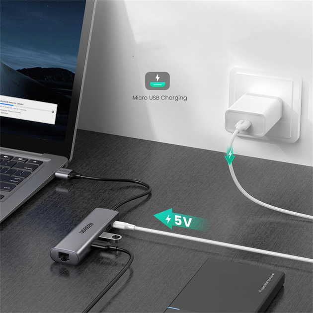 Stacja dokująca Ugreen CM266 USB A 3.0 - USB 3.0 x 3 RJ-45 Micro USB Gray (6957303868124) - obraz 6