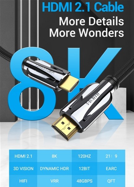 Kabel Vention HDMI-HDMI, 2 m, v2.1, 8K 60 Hz, 4K 165 Hz, 2K 144Hz, 1080P 240Hz Black (6922794742680) - obraz 2
