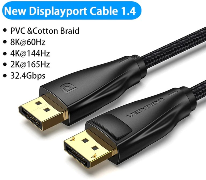 Кабель Vention DisplayPort v1.4 5 м Black, 8K 60 Гц, 4K 144 Гц, 2K 165 Гц, 1080P 240 Гц (6922794753969) - зображення 2