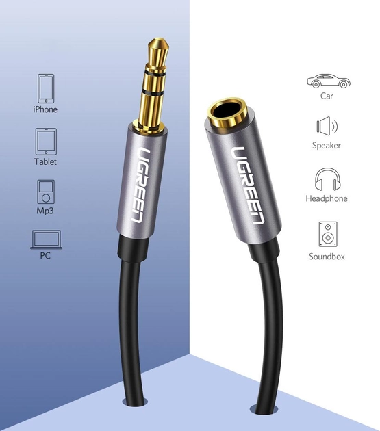 Kabel Ugreen AV118 3.5 mm Male to 3.5 mm Female 1 m Gray (6957303815920) - obraz 2
