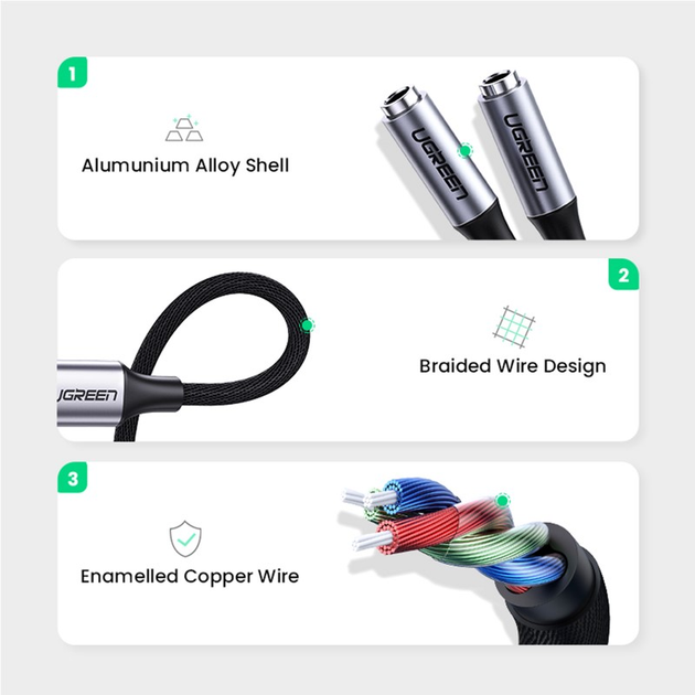 Kabel Ugreen AV144 USB Type-C Male to 3.5 mm 2 Female Audio Cable 25 cm Silver (6957303837328) - obraz 3