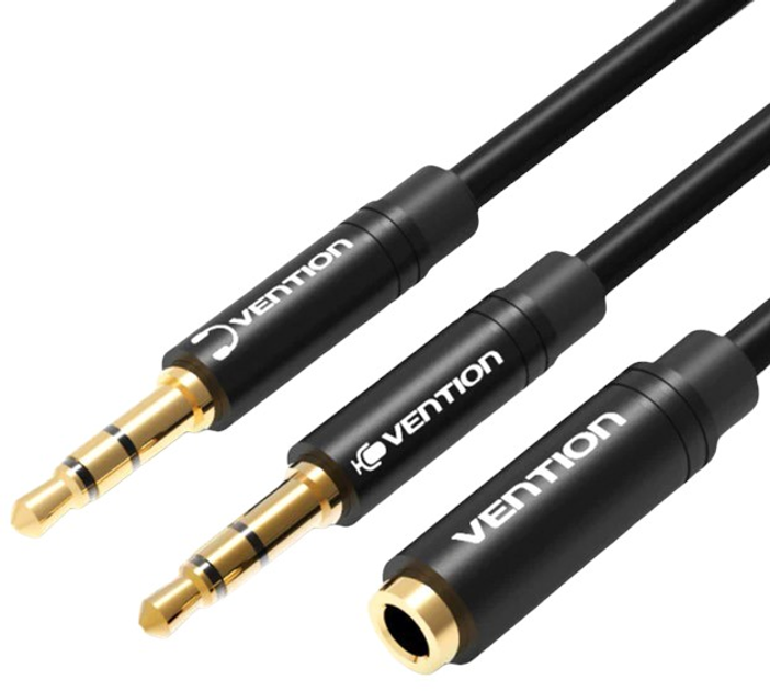 Кабель Vention Audio 3.5 мм F 4-pin - 2 x 3.5 мм 3 pin 0.3 м, з підтримкою мікрофона, стерео (6922794738959) - зображення 1
