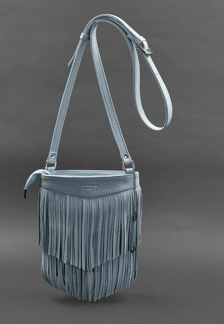 Кожаная женская сумка с бахромой мини-кроссбоди голубой - изображение 1