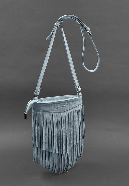 Кожаная женская сумка с бахромой мини-кроссбоди голубой - изображение 2