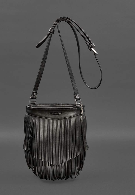 Кожаная женская сумка с бахромой мини-кроссбоди черная краст - изображение 1