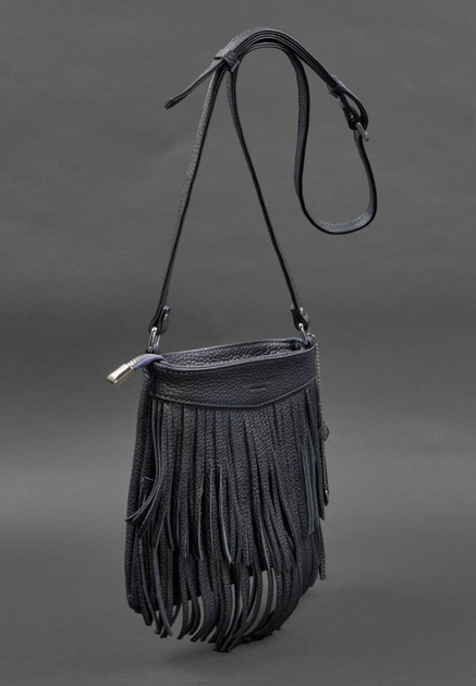 Шкіряна жіноча сумка з бахромою міні-кроссбоді темно синій - зображення 2