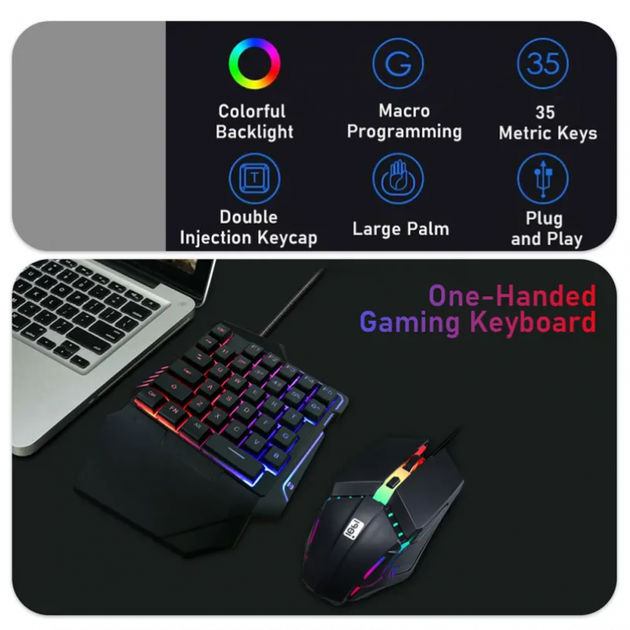 Комплект набор геймерский игровой 2 в 1 мини одноручная клавиатура мышь с RGB подсветкой (477878-Prob) Черный - Фото 4 Комплект набор геймерский игровой 2 в 1 мини одноручная клавиатура мышь с RGB подсветкой (477878-Prob) Черный - изображение 4