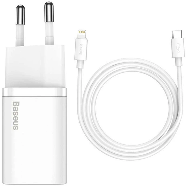 Сетевое зарядное устройство Baseus Super Si Quick Charger 1C 20W + кабель Type-C to Lightning (Белый) (156687) - Фото 1 Сетевое зарядное устройство Baseus Super Si Quick Charger 1C 20W + кабель Type-C to Lightning (Белый) (156687) - изображение 1