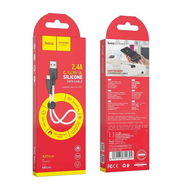 Дата кабель HOCO X21 Plus Silicone MicroUSB Cable (0.25m) (Чорний / Білий) (99921) - Фото 4 Дата кабель HOCO X21 Plus Silicone MicroUSB Cable (0.25m) (Чорний / Білий) (99921) - зображення 4