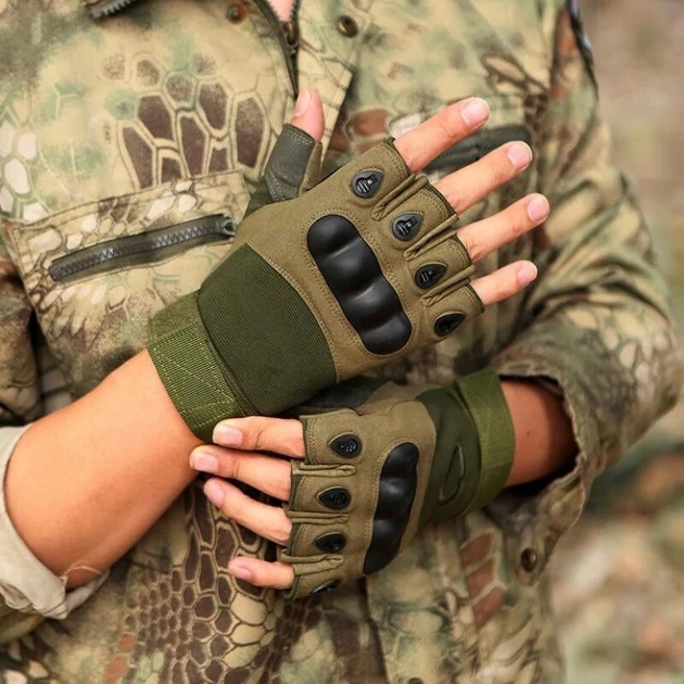 Перчатки тактические с защитой костяшек полупалец олива М - изображение 2