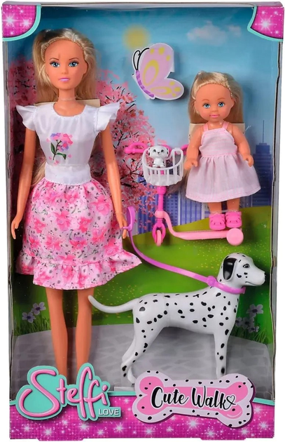 Zestaw lalek Simba Smoby Dolls Love Steffi and Evi Walking with The Dog (4006592079055) - obraz 1