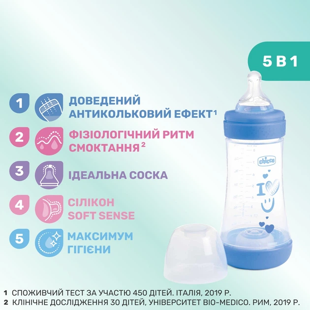 Пляшка для годування пластикова Chicco Perfect 5 Love із силіконовою соскою 2+ міс. 240 мл Синя (20223.21.40) - зображення 3