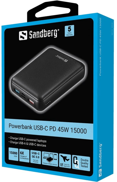 Powerbank Sandberg USB-C PD 45W 15000mAh Black (5705730420665) - obraz 2